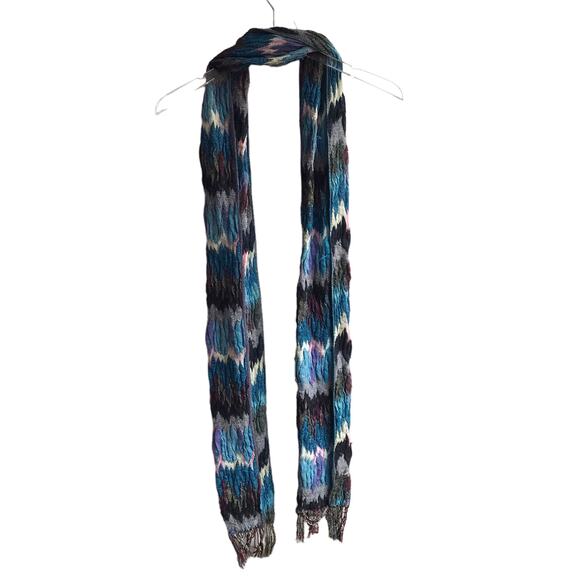 Blue Zig Zag Knit Scarf Fringed Marled Rectangular Wrap - Picture 11 of 14